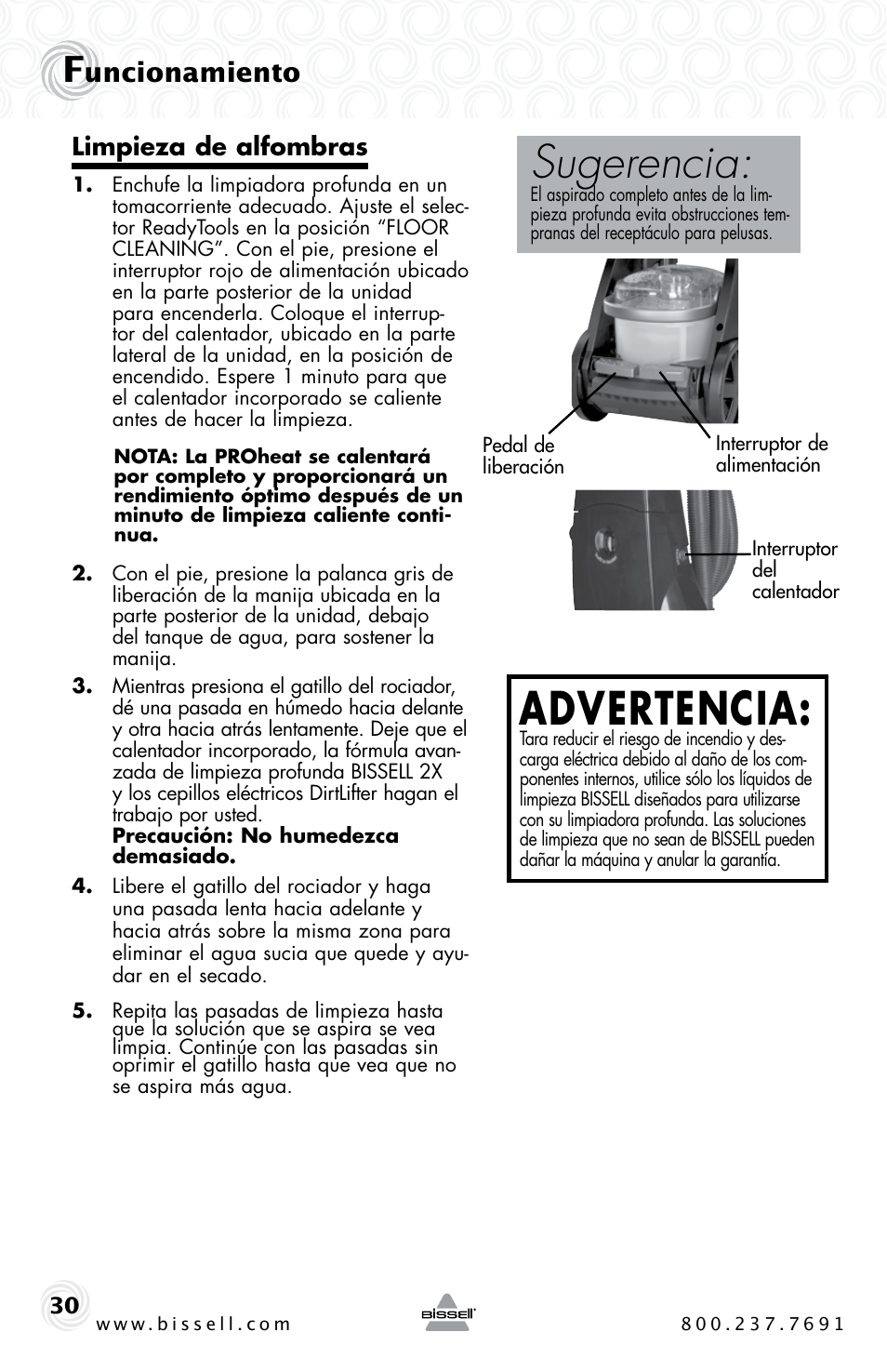 Sugerencia, Advertencia, Uncionamiento | Limpieza de alfombras | Bissell Proheat 2SA3 User Manual | Page 30 / 60