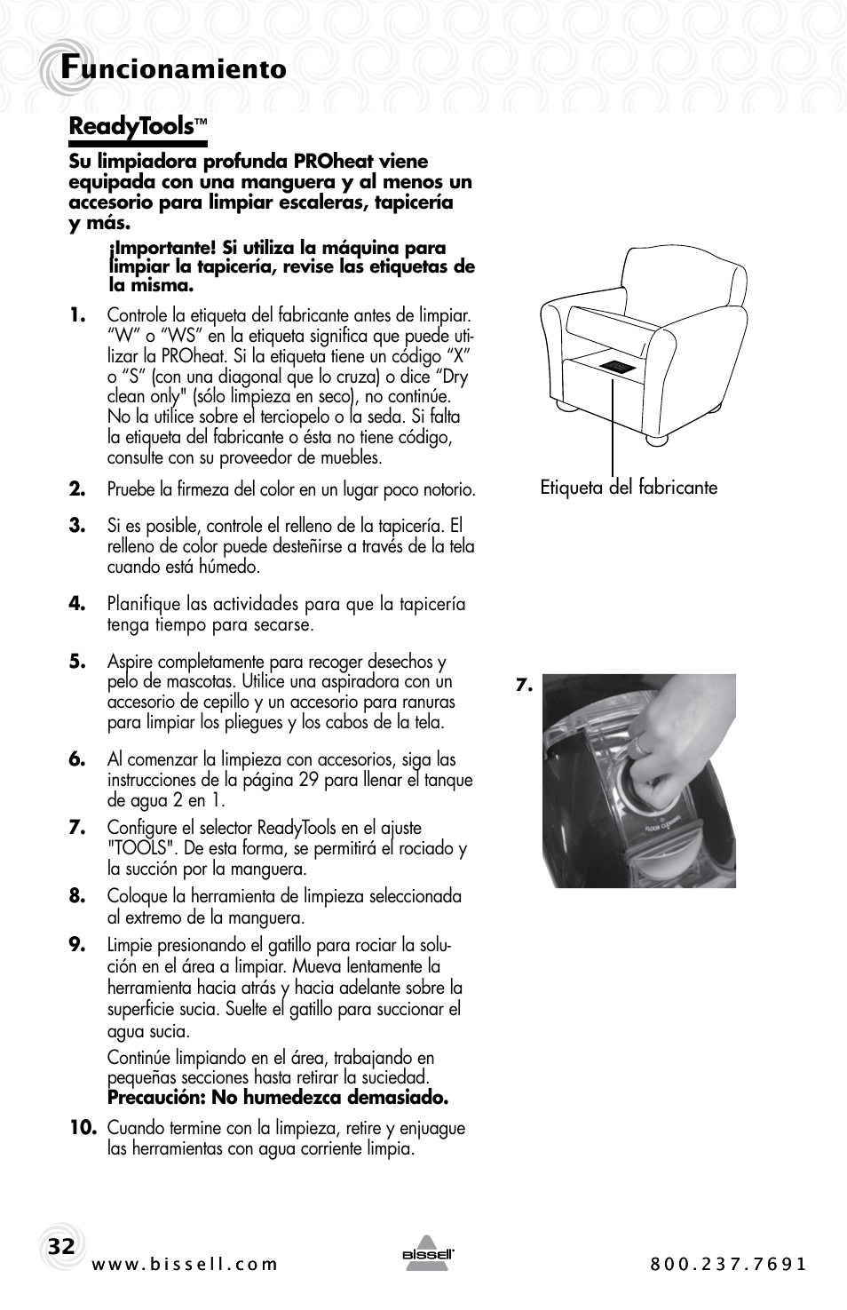 Uncionamiento, Readytools | Bissell Proheat 2SA3 User Manual | Page 32 / 60