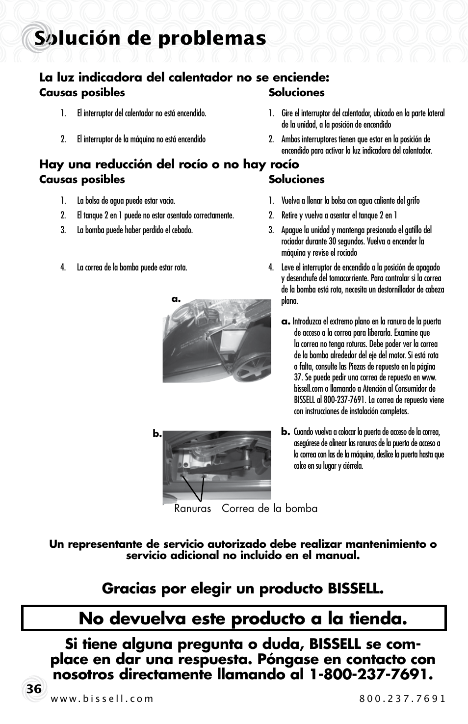 Solución de problemas, No devuelva este producto a la tienda, Gracias por elegir un producto bissell | Bissell Proheat 2SA3 User Manual | Page 36 / 60
