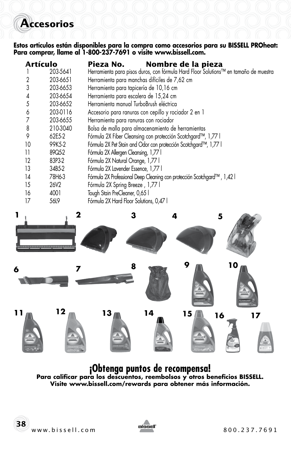 Obtenga puntos de recompensa, Ccesorios | Bissell Proheat 2SA3 User Manual | Page 38 / 60