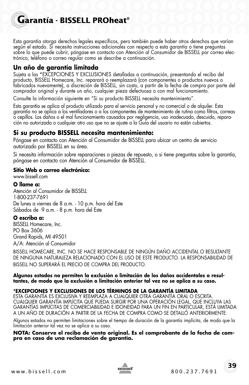 Arantía - bissell proheat | Bissell Proheat 2SA3 User Manual | Page 39 / 60