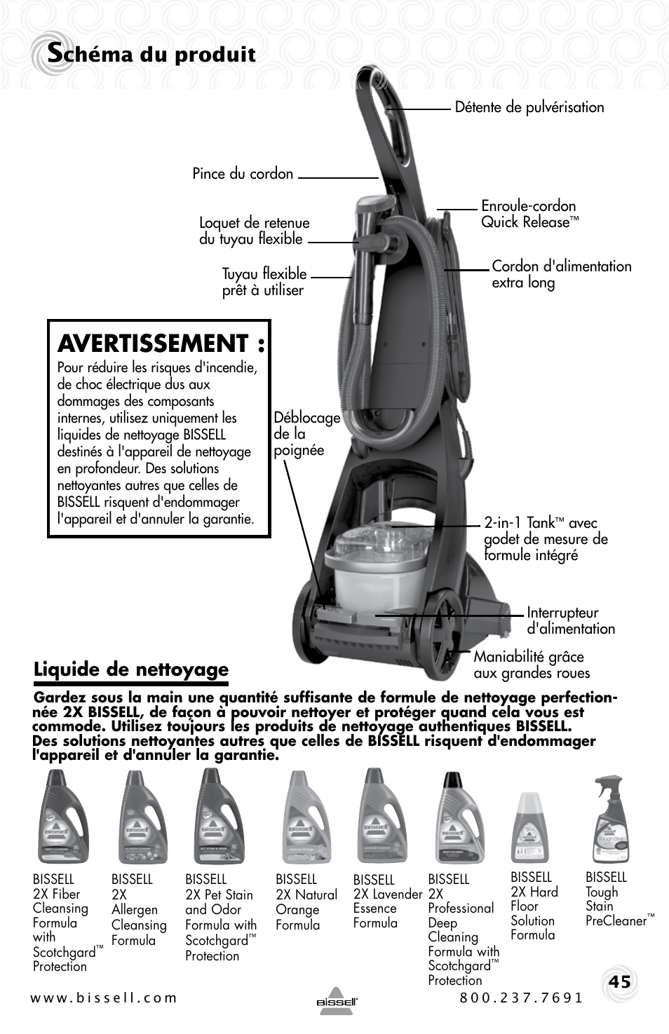 Avertissement, Chéma du produit, Liquide de nettoyage | Bissell Proheat 2SA3 User Manual | Page 45 / 60