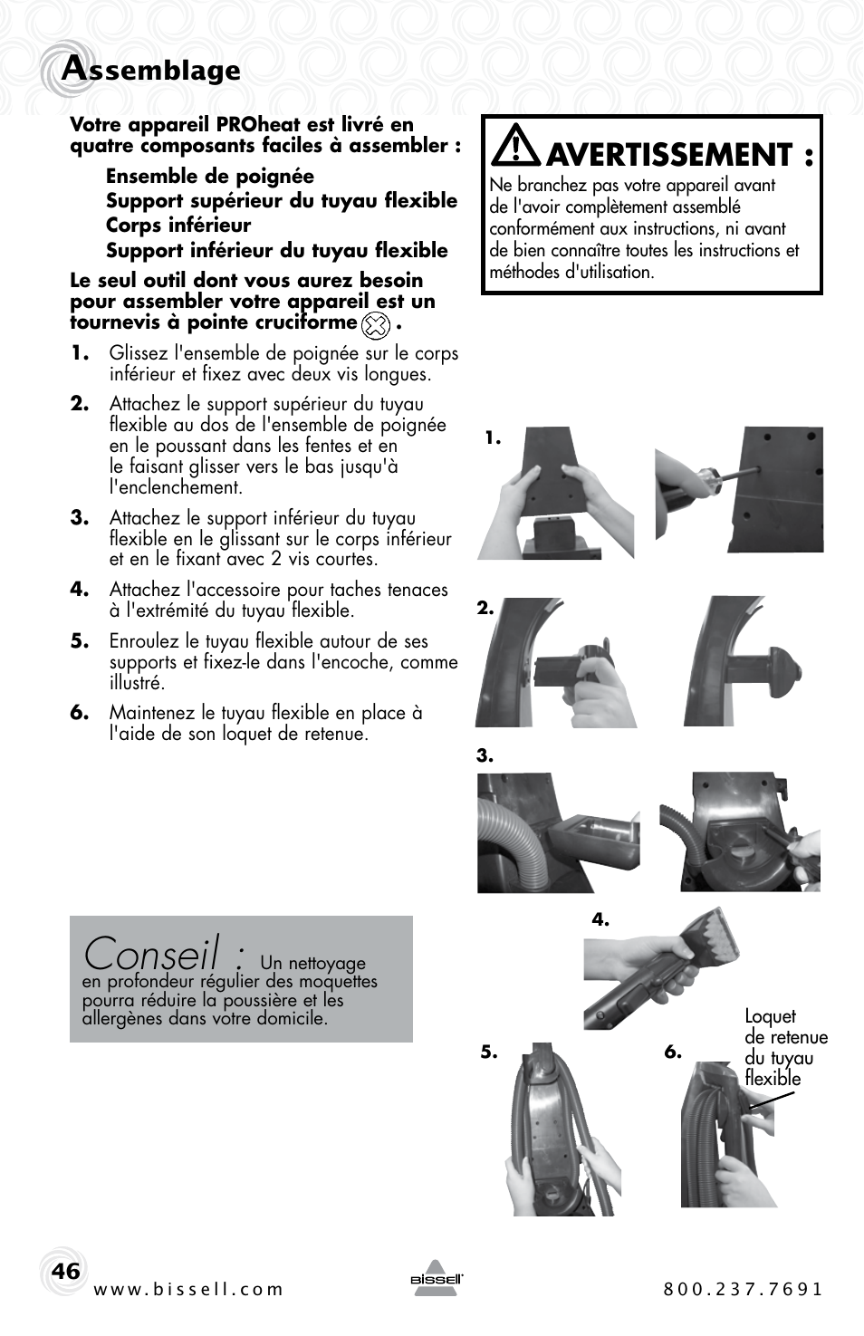 Conseil, Avertissement, Ssemblage | Bissell Proheat 2SA3 User Manual | Page 46 / 60