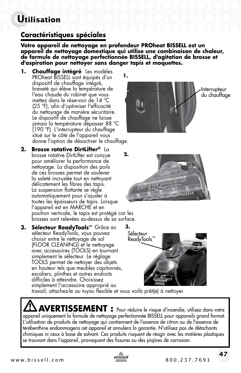 Avertissement, Tilisation, Caractéristiques spéciales | Bissell Proheat 2SA3 User Manual | Page 47 / 60