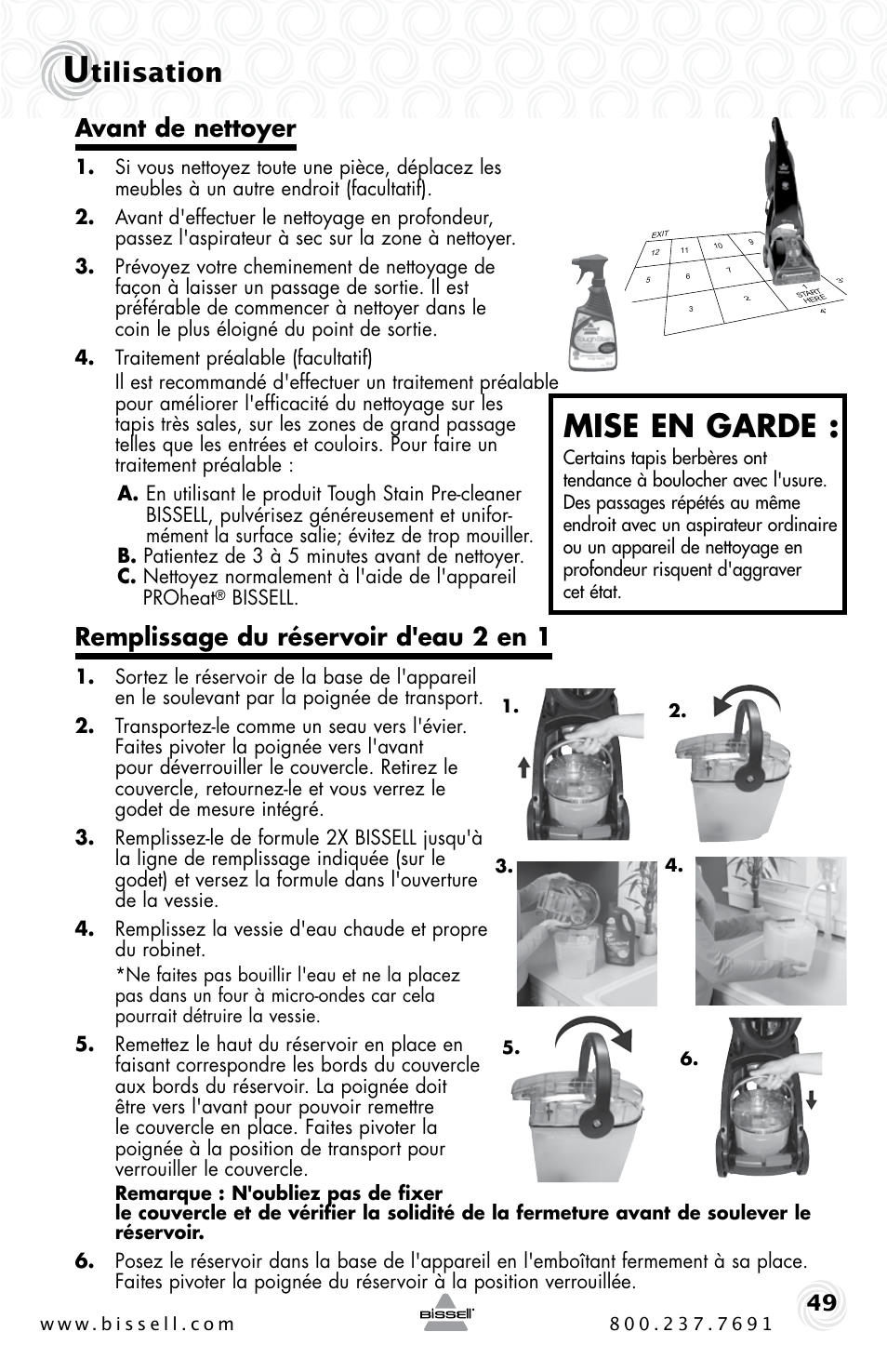 Mise en garde, Tilisation, Avant de nettoyer | Remplissage du réservoir d'eau 2 en 1 | Bissell Proheat 2SA3 User Manual | Page 49 / 60