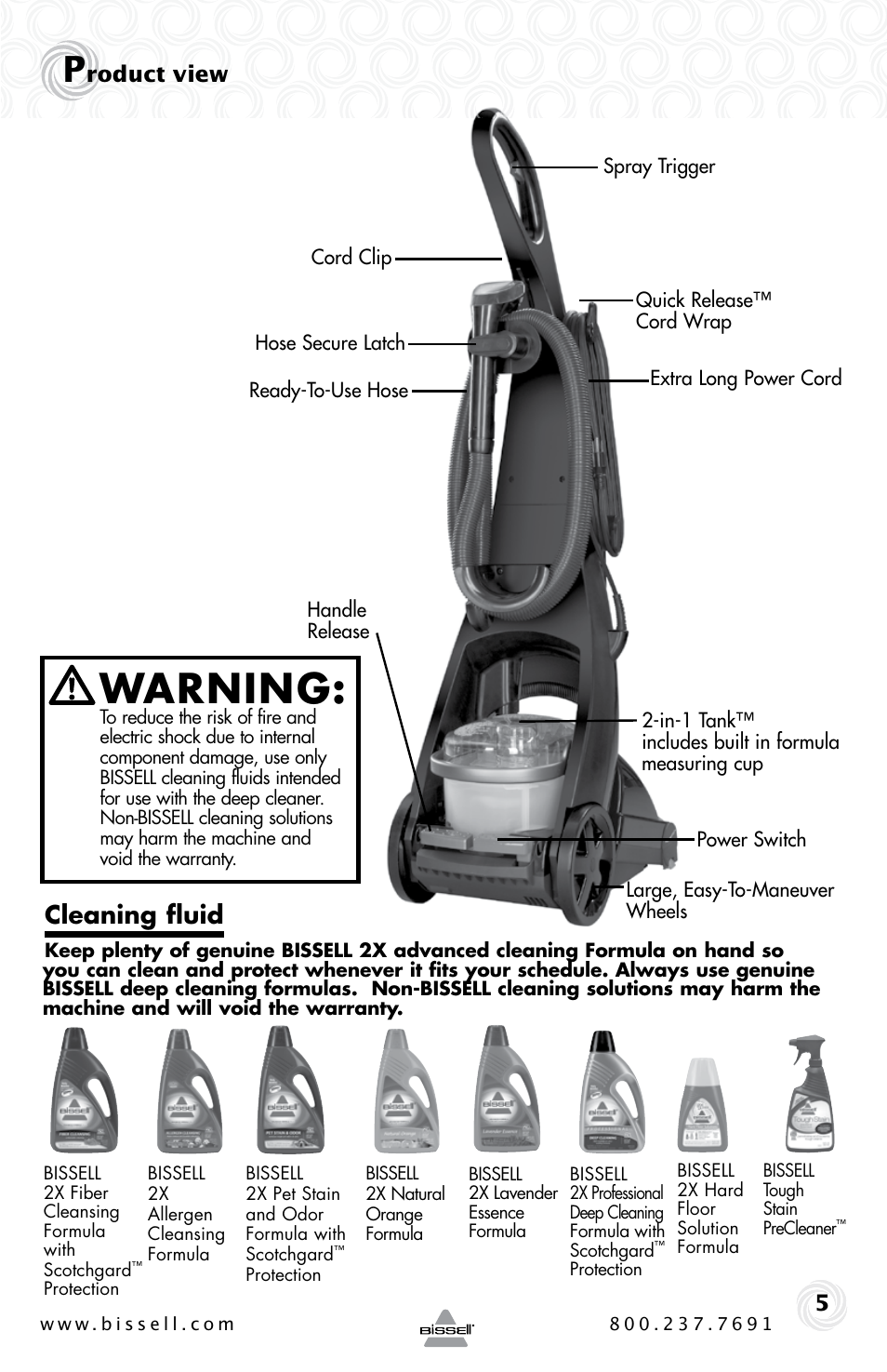Warning, Cleaning fluid, Roduct view 5 | Bissell Proheat 2SA3 User Manual | Page 5 / 60