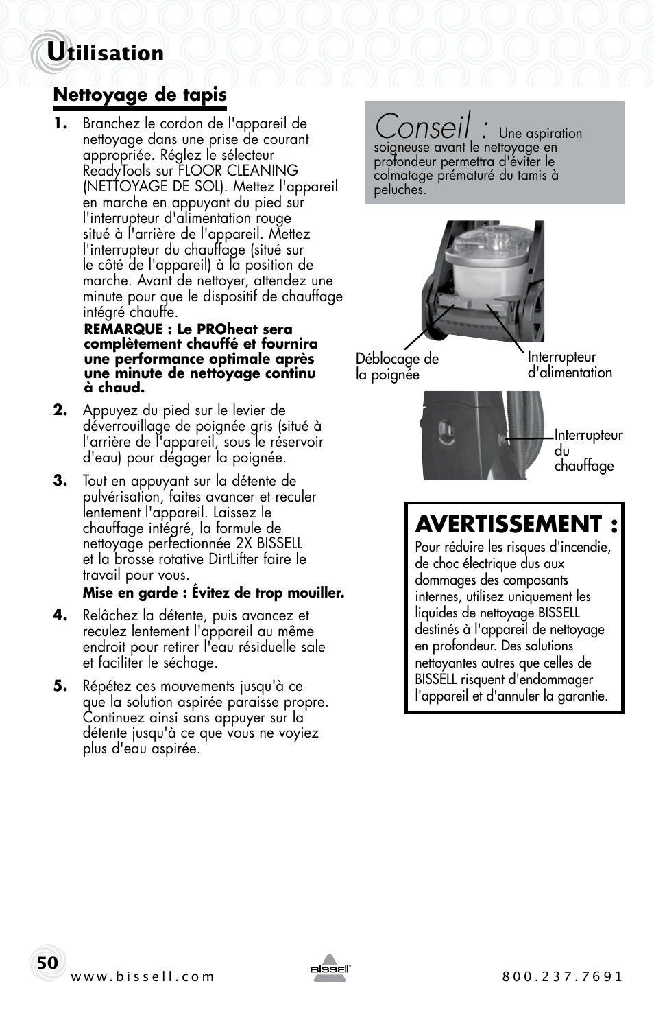 Conseil, Avertissement, Tilisation | Nettoyage de tapis | Bissell Proheat 2SA3 User Manual | Page 50 / 60