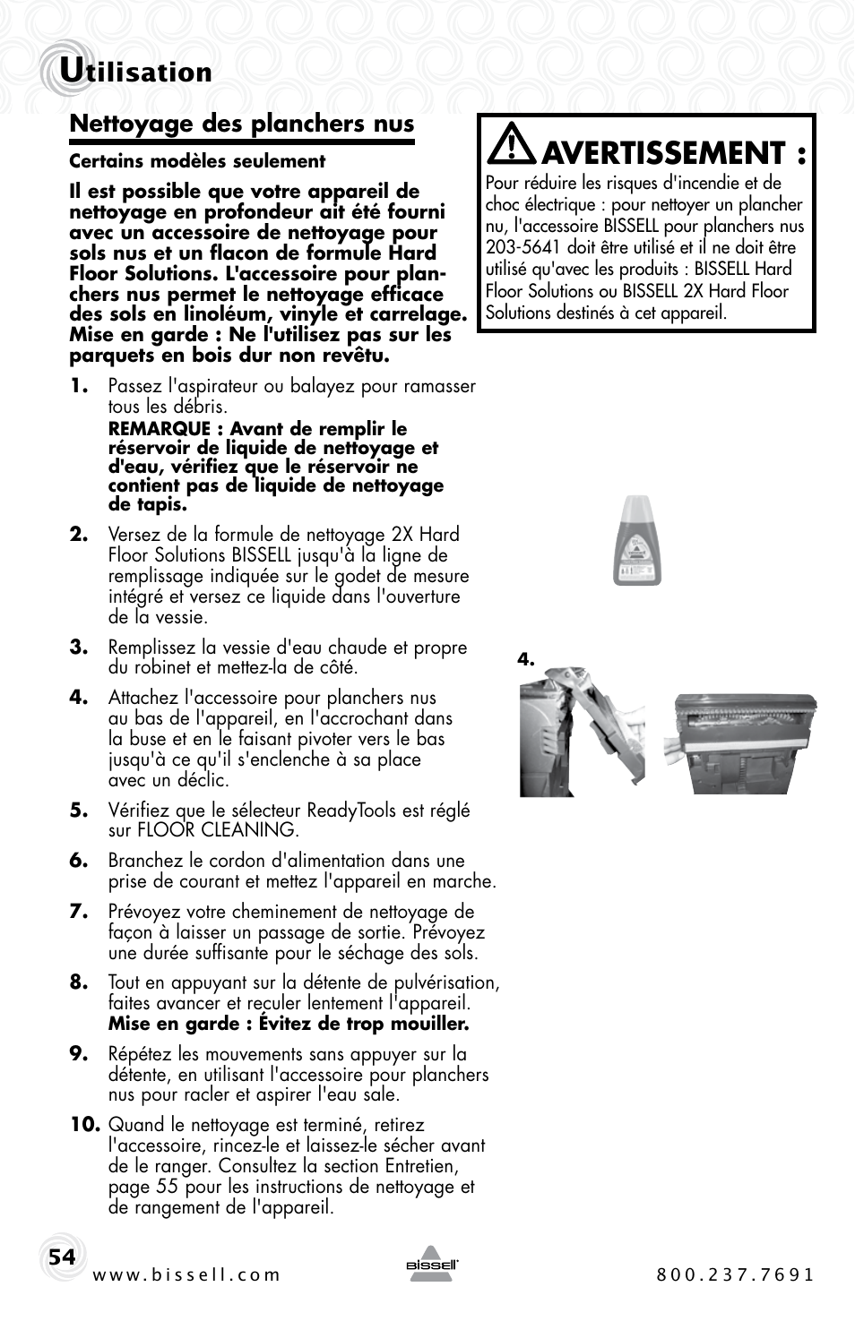 Avertissement, Tilisation, Nettoyage des planchers nus | Bissell Proheat 2SA3 User Manual | Page 54 / 60