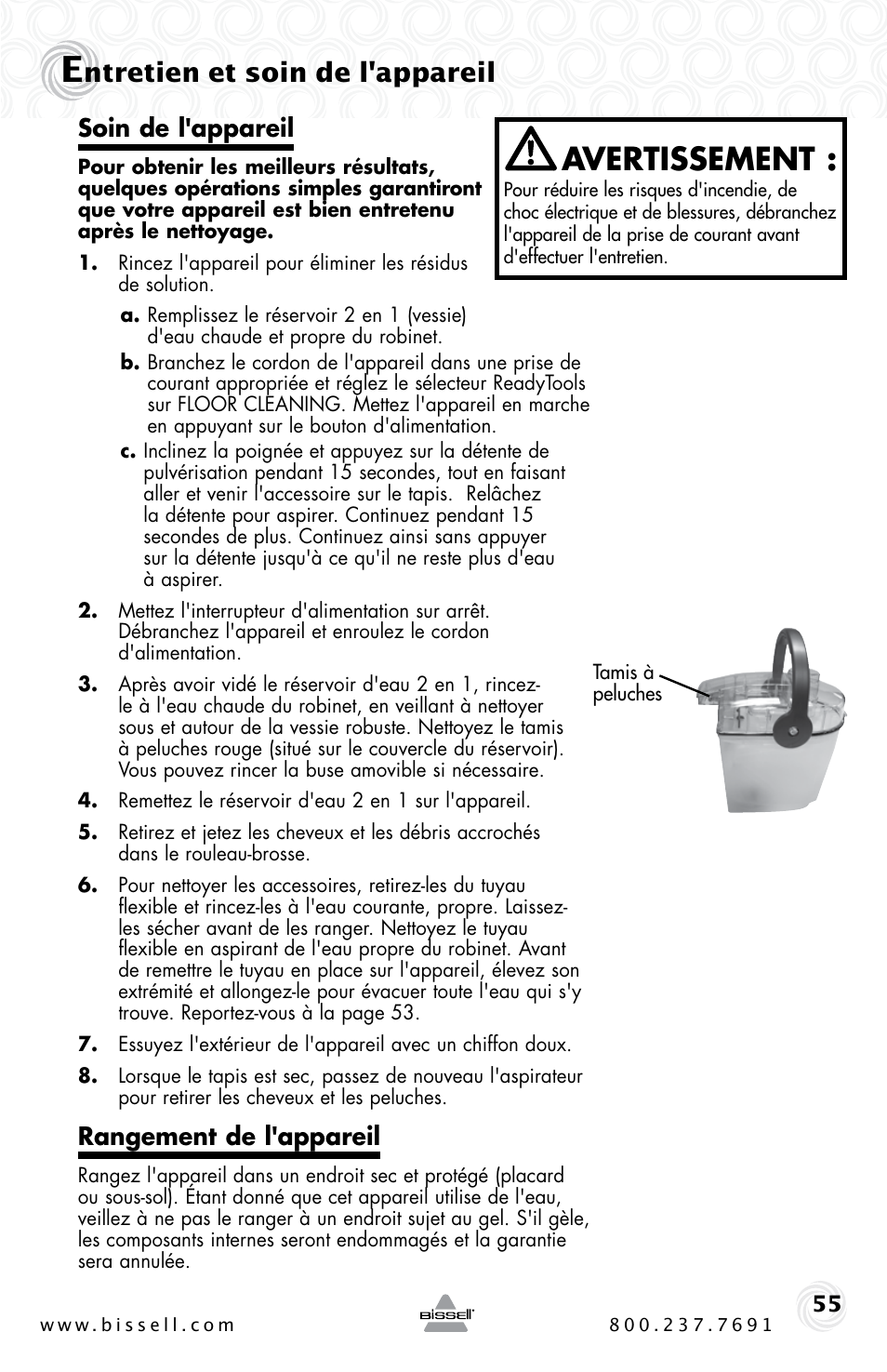 Avertissement, Ntretien et soin de l'appareil, Soin de l'appareil | Rangement de l'appareil | Bissell Proheat 2SA3 User Manual | Page 55 / 60