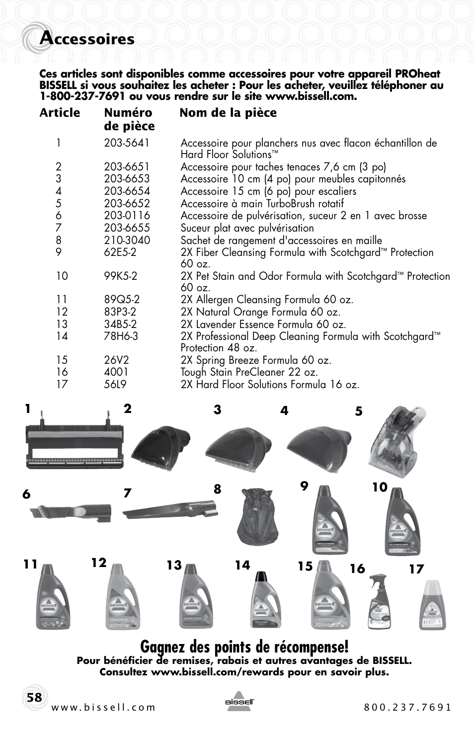 Gagnez des points de récompense, Ccessoires | Bissell Proheat 2SA3 User Manual | Page 58 / 60