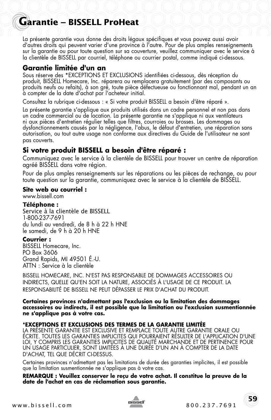 Arantie – bissell proheat | Bissell Proheat 2SA3 User Manual | Page 59 / 60