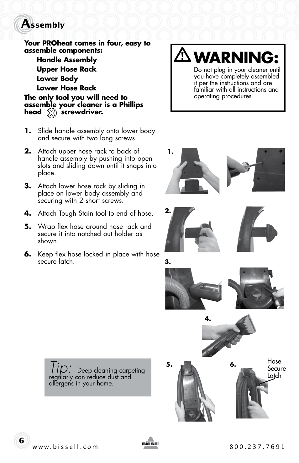 Warning | Bissell Proheat 2SA3 User Manual | Page 6 / 60
