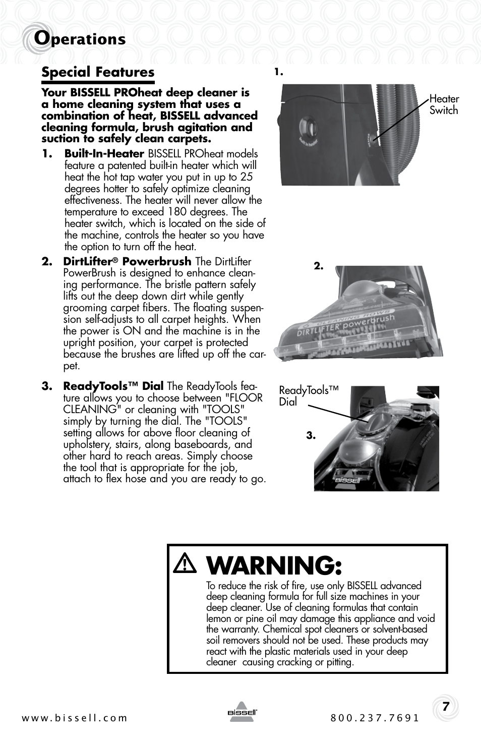 Warning, Perations, Special features | Bissell Proheat 2SA3 User Manual | Page 7 / 60