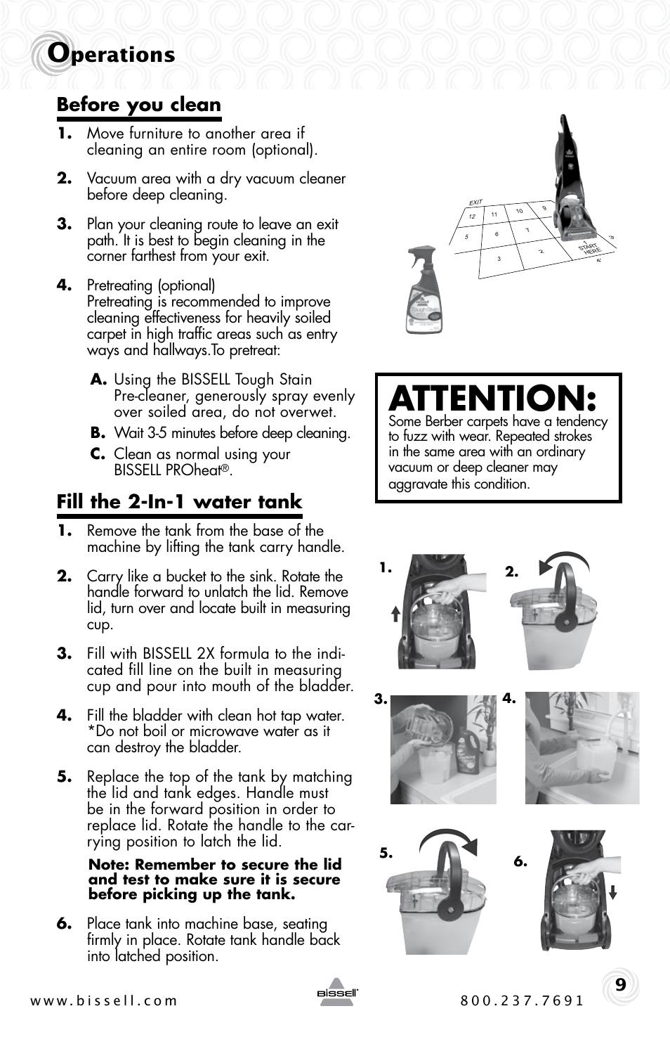 Attention, Perations, Before you clean | Fill the 2-in-1 water tank | Bissell Proheat 2SA3 User Manual | Page 9 / 60