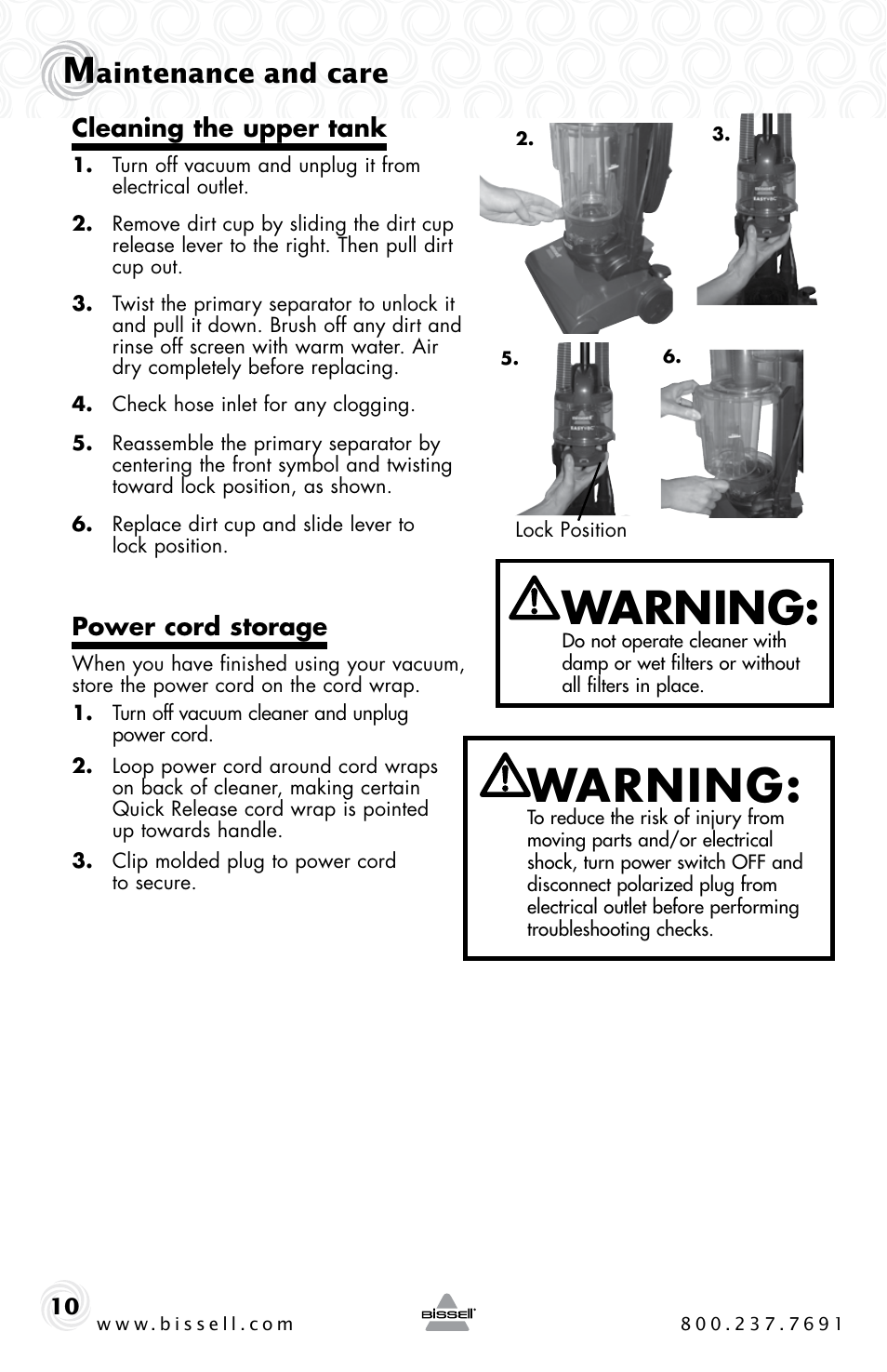Warning, Aintenance and care | Bissell Powerforce compact 23T7 series User Manual | Page 10 / 16