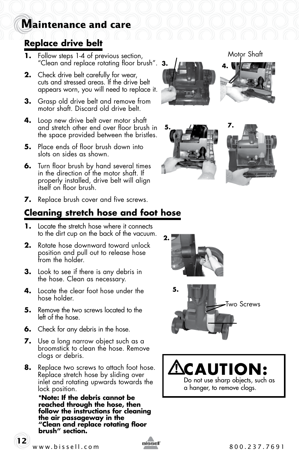 Caution, Aintenance and care, Replace drive belt | Cleaning stretch hose and foot hose | Bissell Powerforce compact 23T7 series User Manual | Page 12 / 16