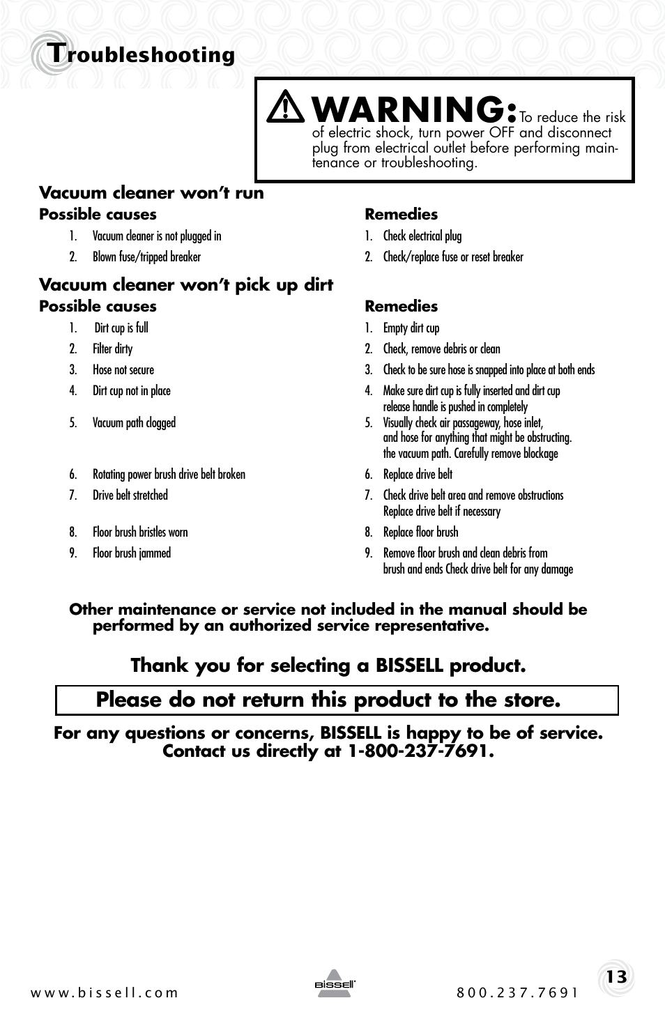 Warning, Roubleshooting, Please do not return this product to the store | Bissell Powerforce compact 23T7 series User Manual | Page 13 / 16