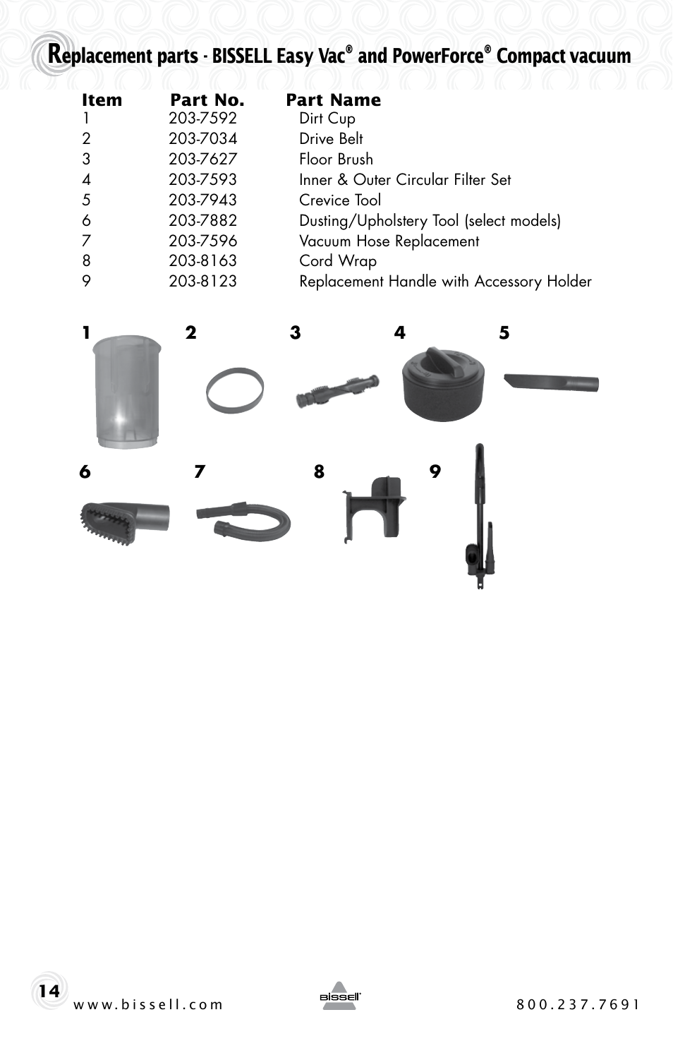 Eplacement parts - bissell easy vac, And powerforce, Compact | Vacuum | Bissell Powerforce compact 23T7 series User Manual | Page 14 / 16
