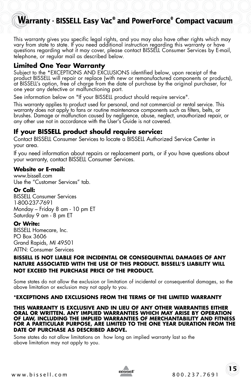 Eplacement parts - bissell easy vac, And powerforce, Compact | Vacuum, Arranty - bissell easy vac, Compact vacuum | Bissell Powerforce compact 23T7 series User Manual | Page 15 / 16