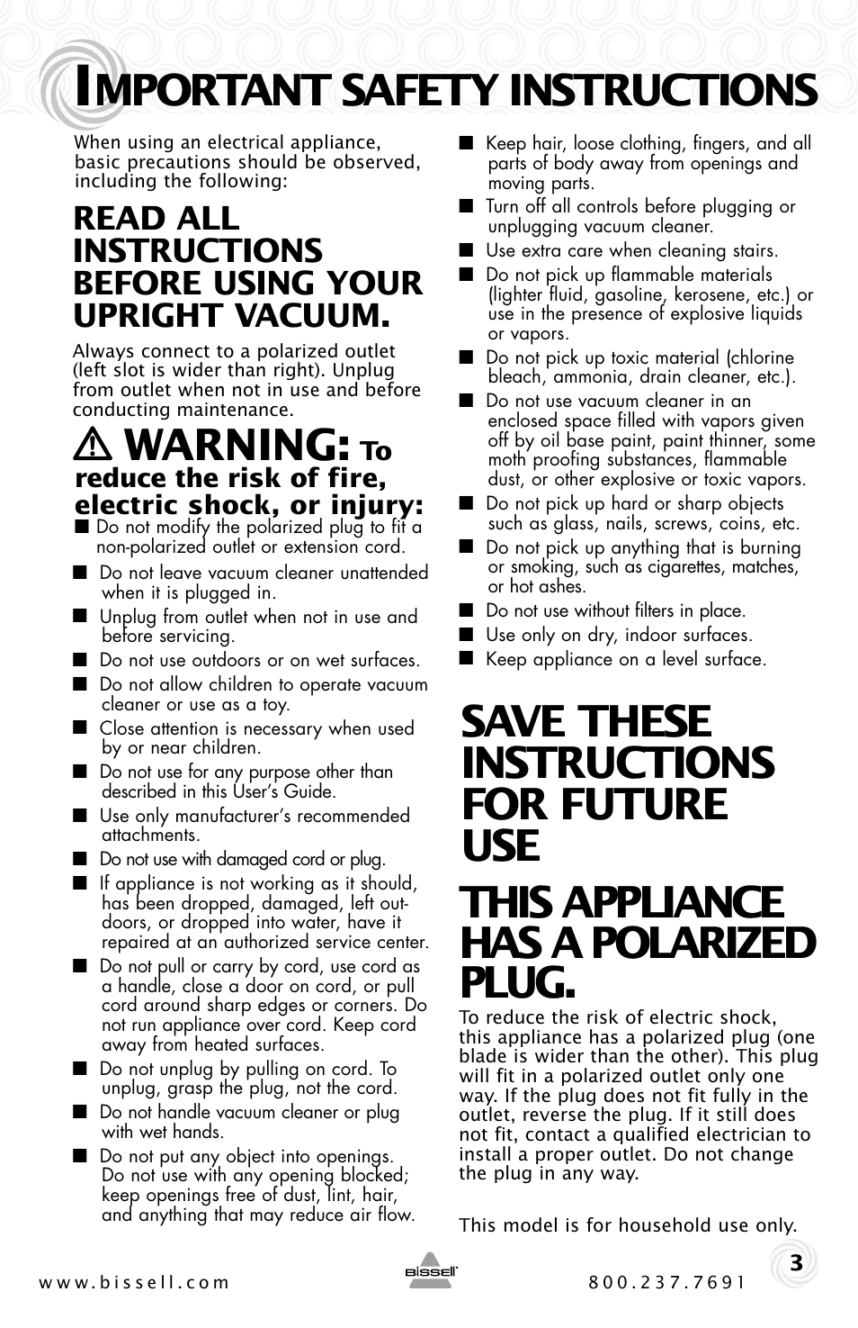 Mportant safety instructions, Warning | Bissell Powerforce compact 23T7 series User Manual | Page 3 / 16