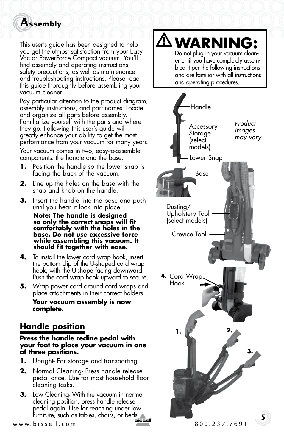 Warning, Handle position | Bissell Powerforce compact 23T7 series User Manual | Page 5 / 16