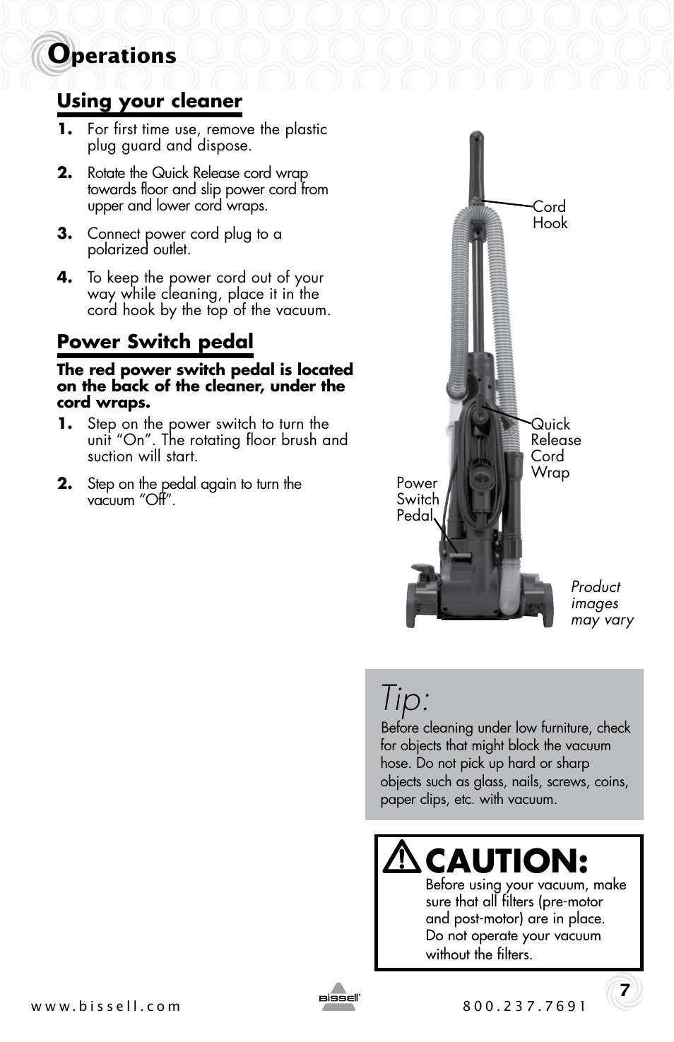 Caution, Perations | Bissell Powerforce compact 23T7 series User Manual | Page 7 / 16