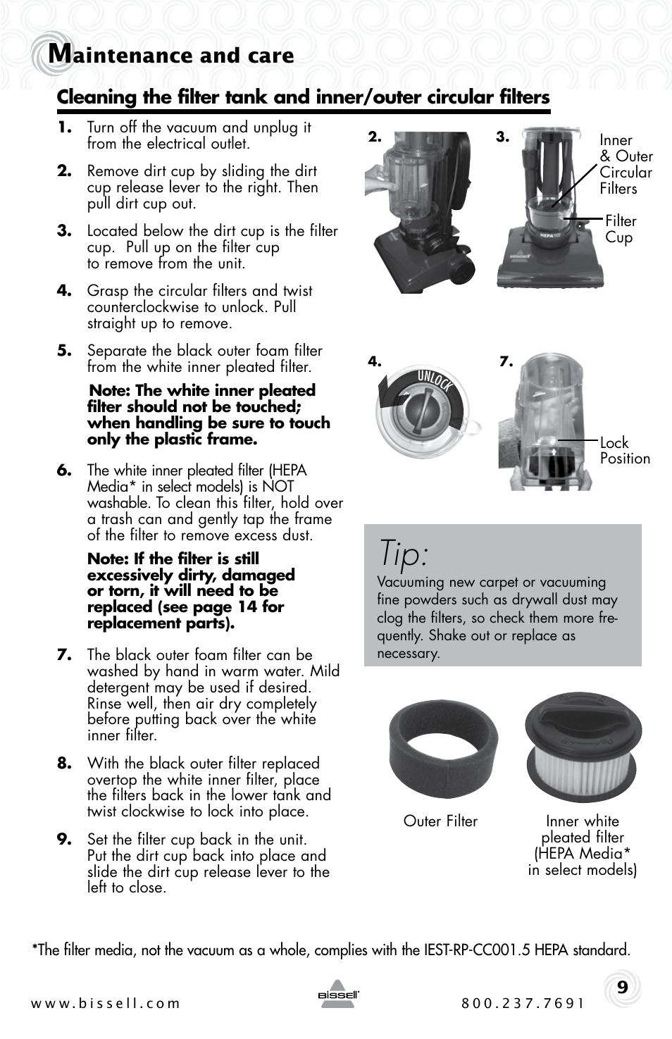 Aintenance and care | Bissell Powerforce compact 23T7 series User Manual | Page 9 / 16