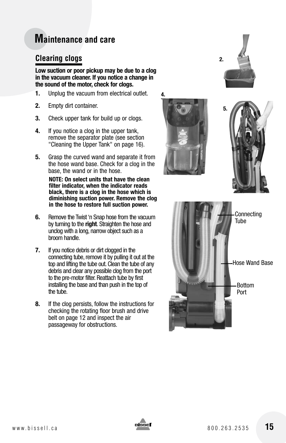 Aintenance and care, Clearing clogs | Bissell 6750 Series User Manual | Page 15 / 20