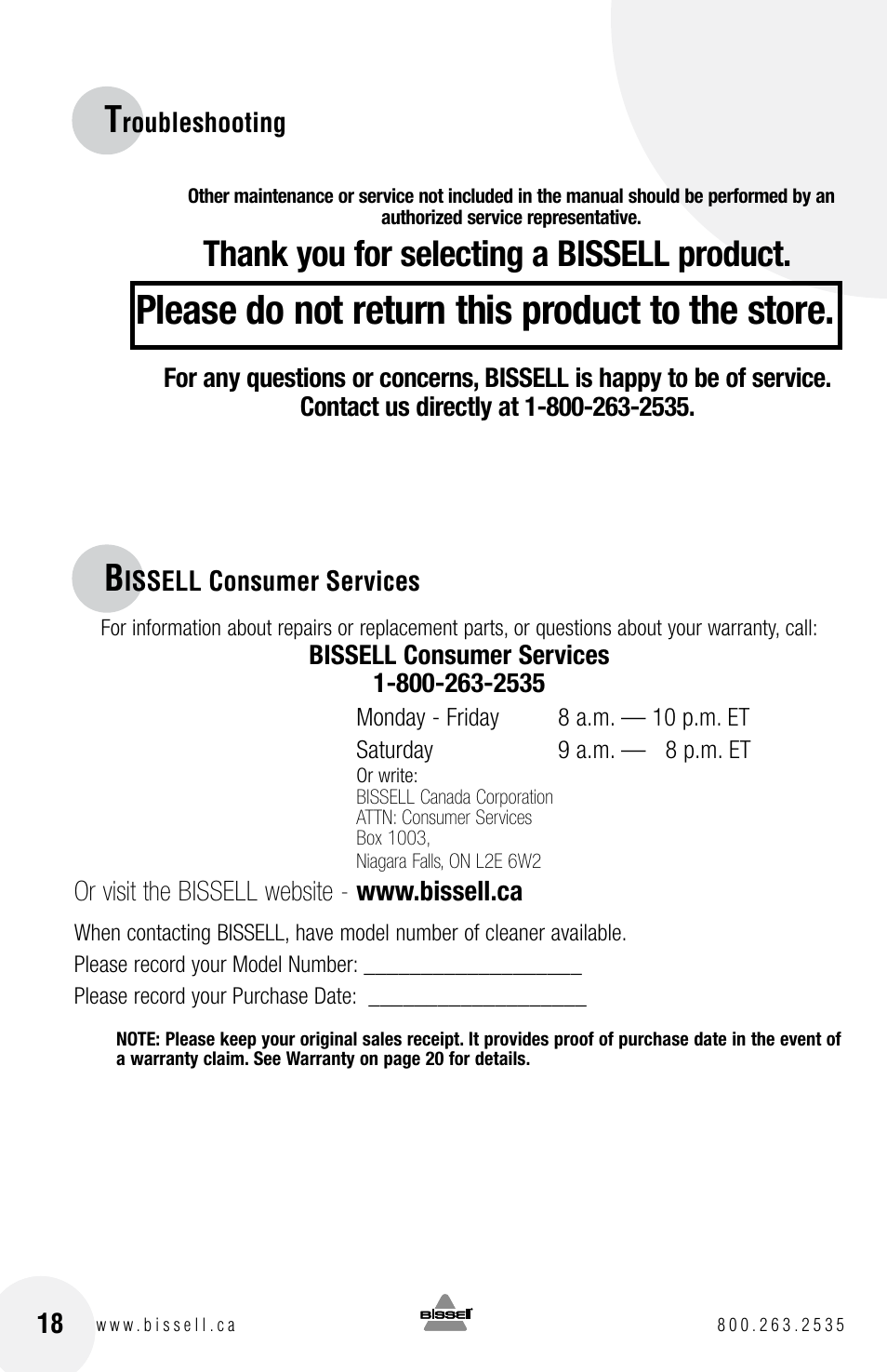 Please do not return this product to the store | Bissell 6750 Series User Manual | Page 18 / 20