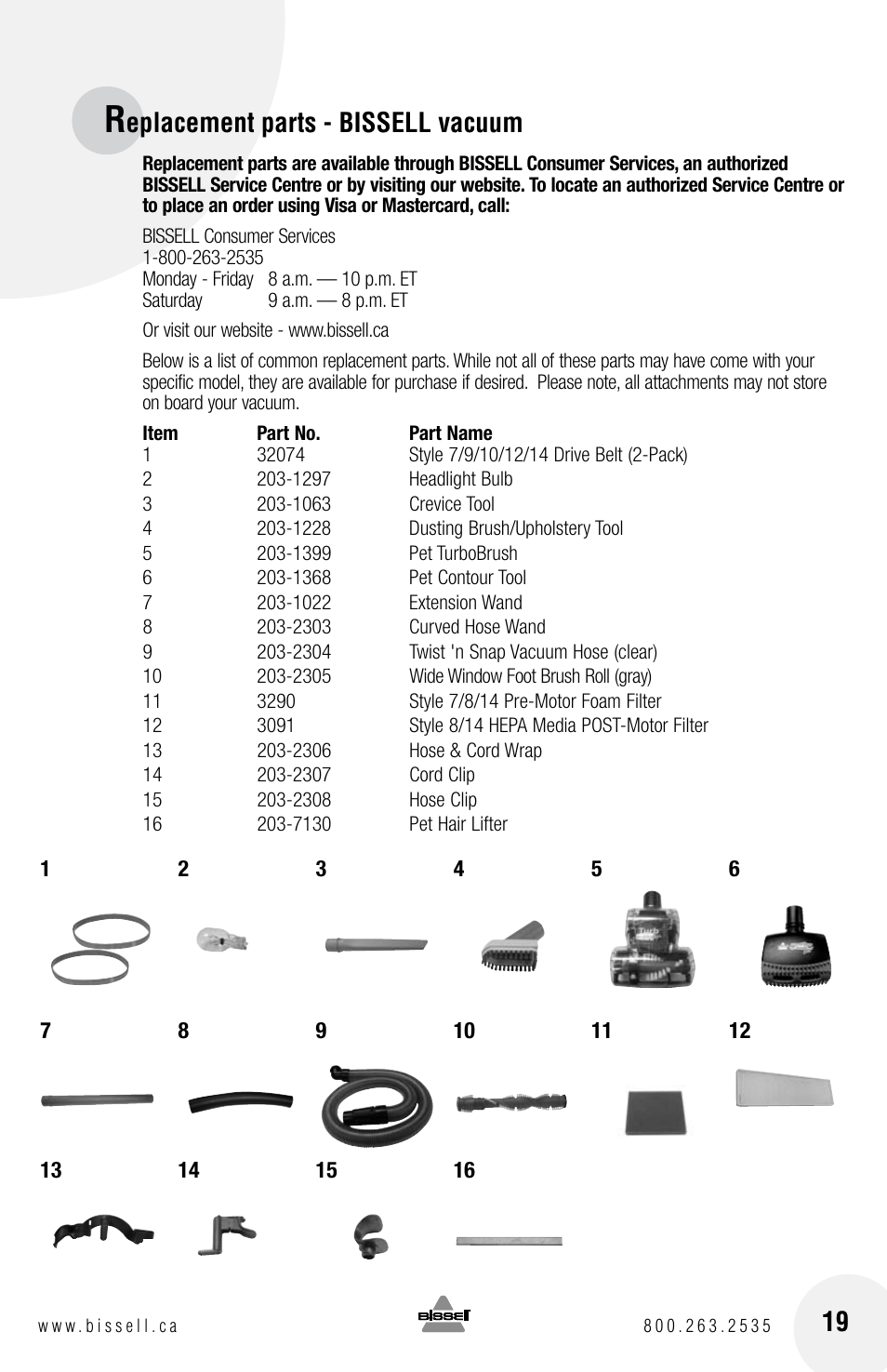 Eplacement parts - bissell vacuum | Bissell 6750 Series User Manual | Page 19 / 20