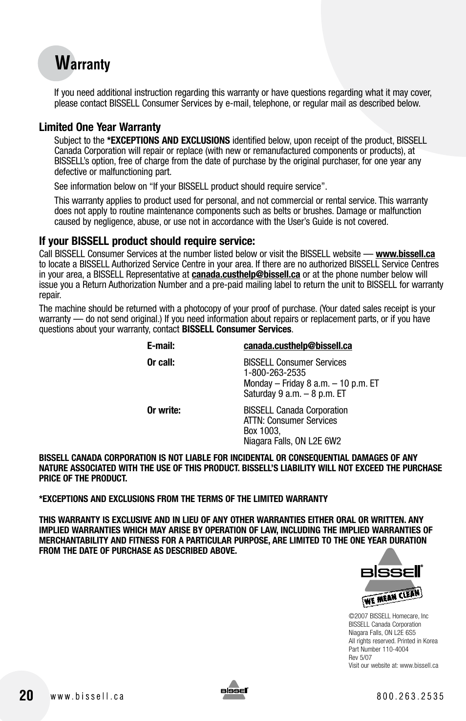 Arranty | Bissell 6750 Series User Manual | Page 20 / 20