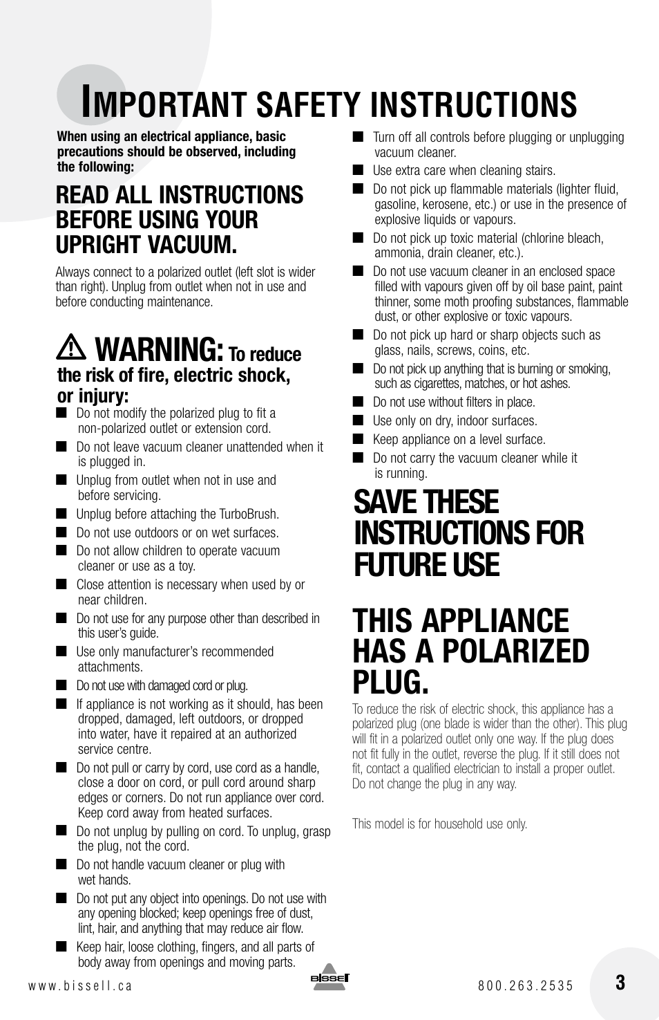 Mportant safety instructions, Warning | Bissell 6750 Series User Manual | Page 3 / 20