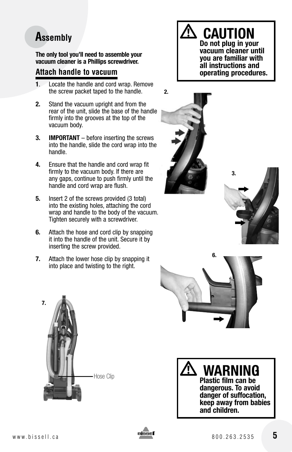 Caution, Warning, Ssembly | Bissell 6750 Series User Manual | Page 5 / 20