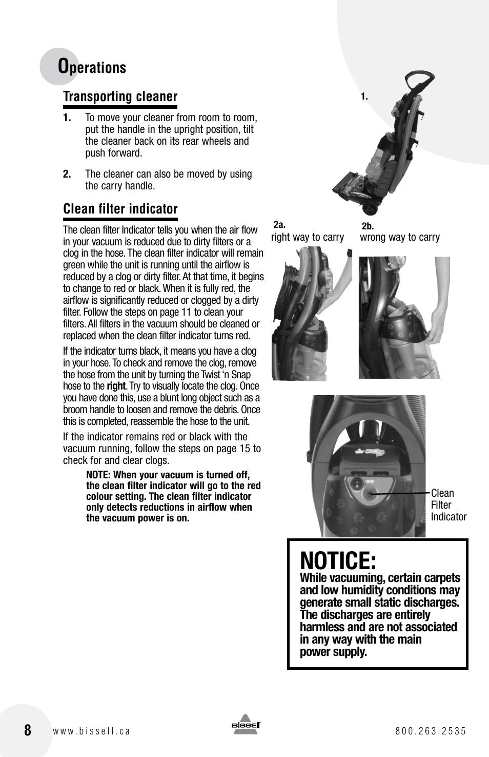 Notice, Perations, Transporting cleaner | Clean filter indicator | Bissell 6750 Series User Manual | Page 8 / 20