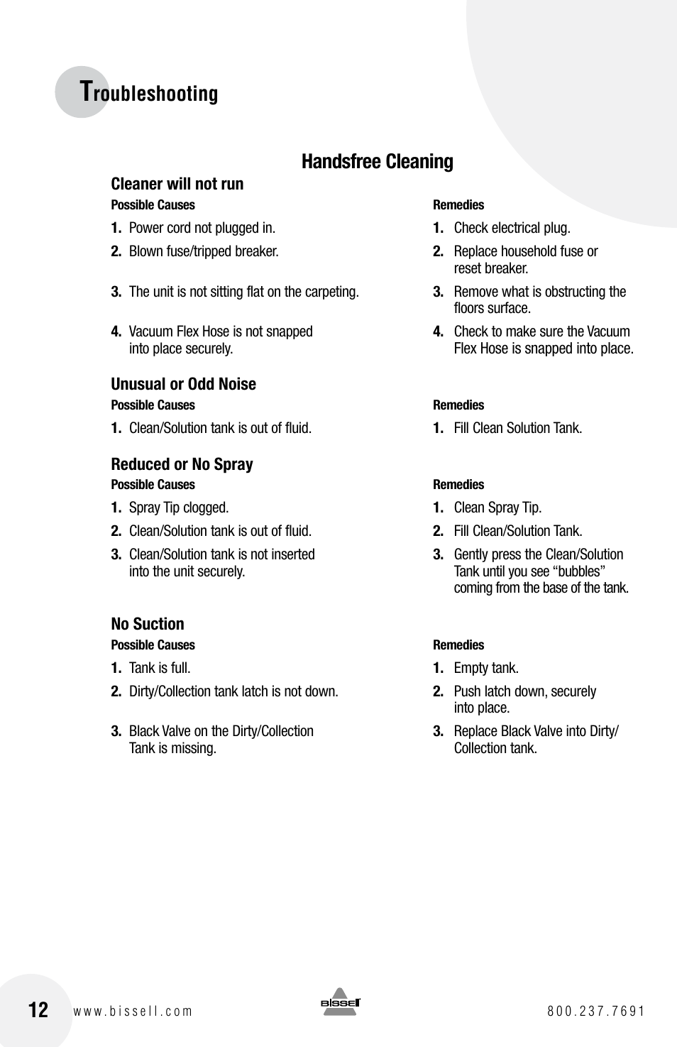 Roubleshooting 12, Handsfree cleaning | Bissell Spot Bot 1200 series User Manual | Page 12 / 16