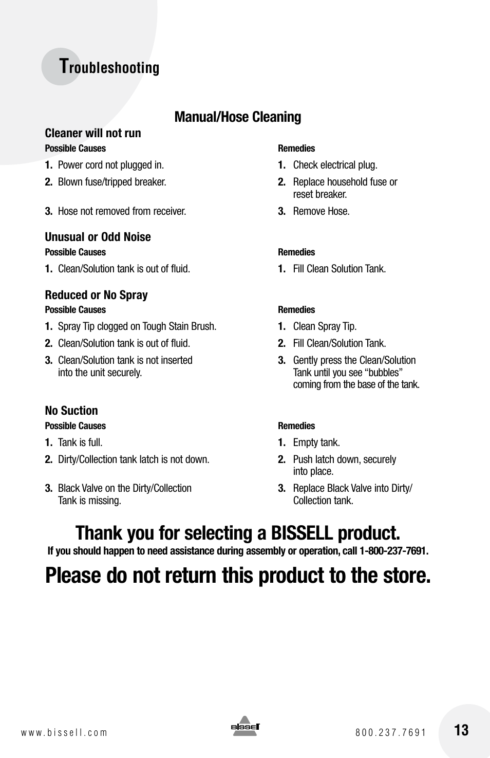 Please do not return this product to the store, Roubleshooting manual/hose cleaning | Bissell Spot Bot 1200 series User Manual | Page 13 / 16