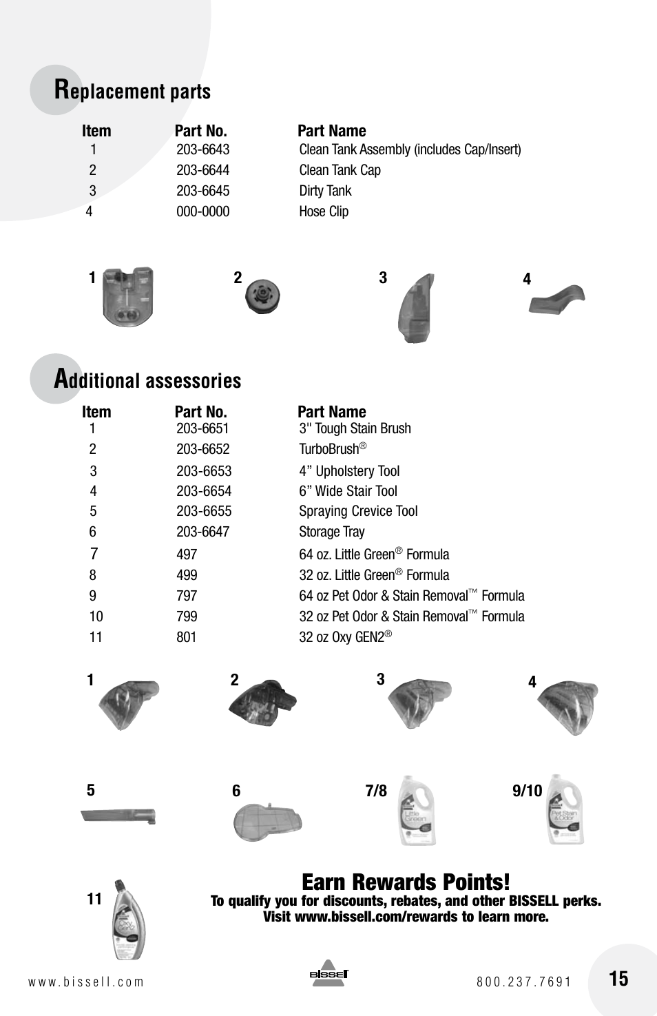 Earn rewards points, Eplacement parts, Dditional assessories | Bissell Spot Bot 1200 series User Manual | Page 15 / 16