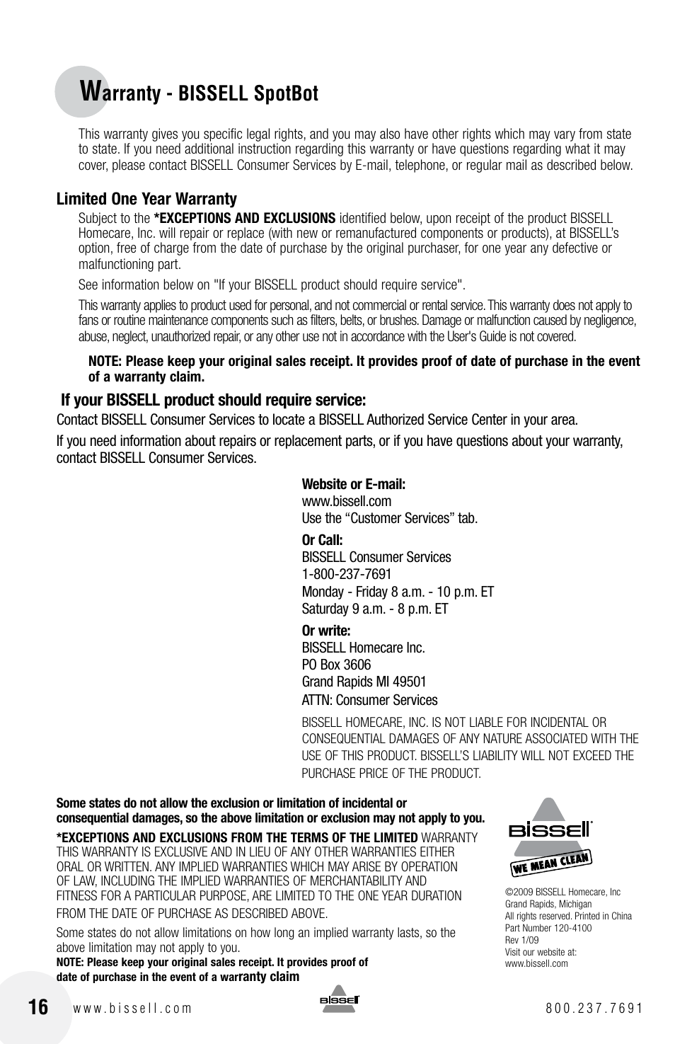 Arranty - bissell spotbot | Bissell Spot Bot 1200 series User Manual | Page 16 / 16