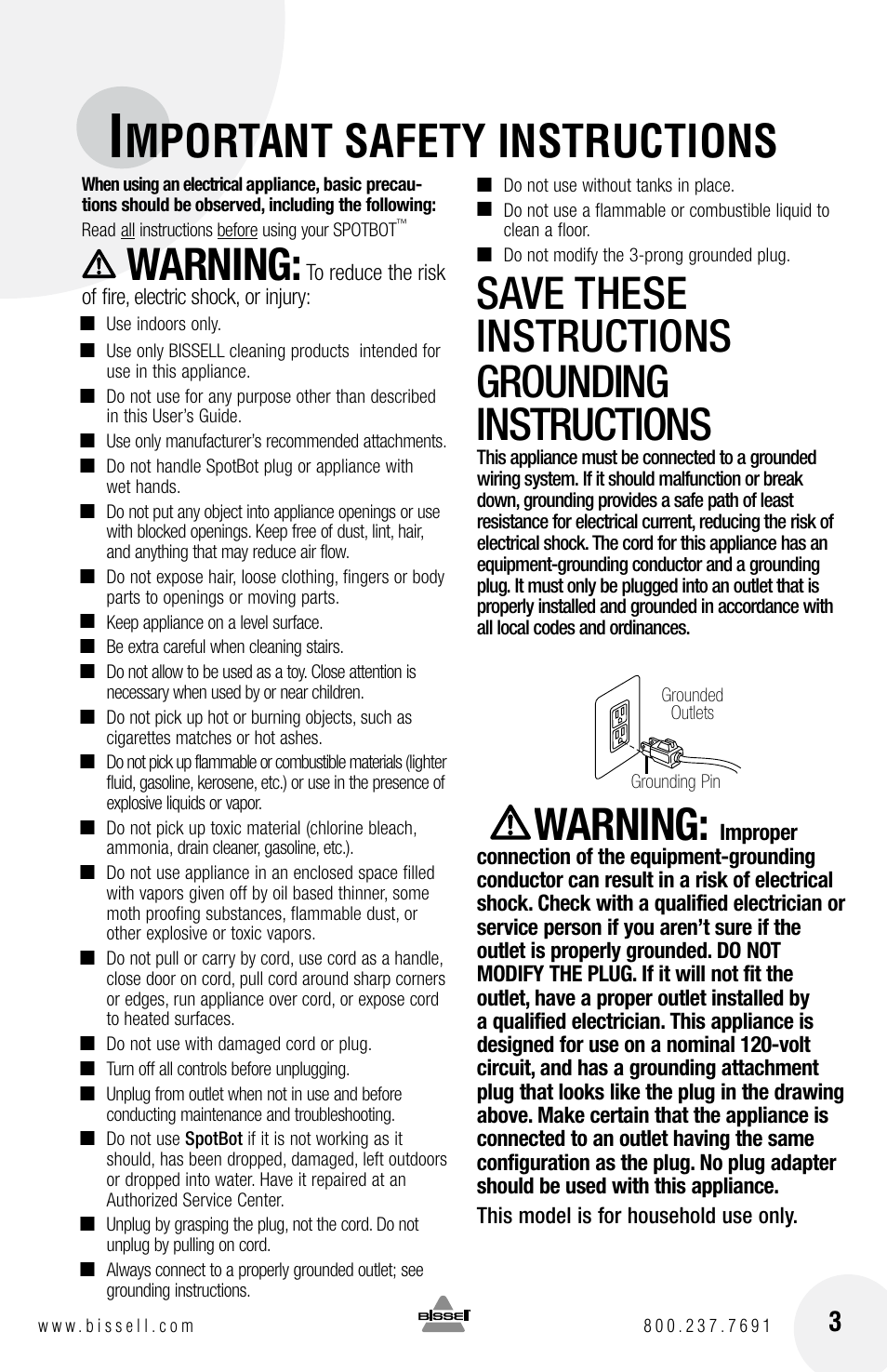 Mportant safety instructions, Warning, Save these instructions grounding instructions | Bissell Spot Bot 1200 series User Manual | Page 3 / 16