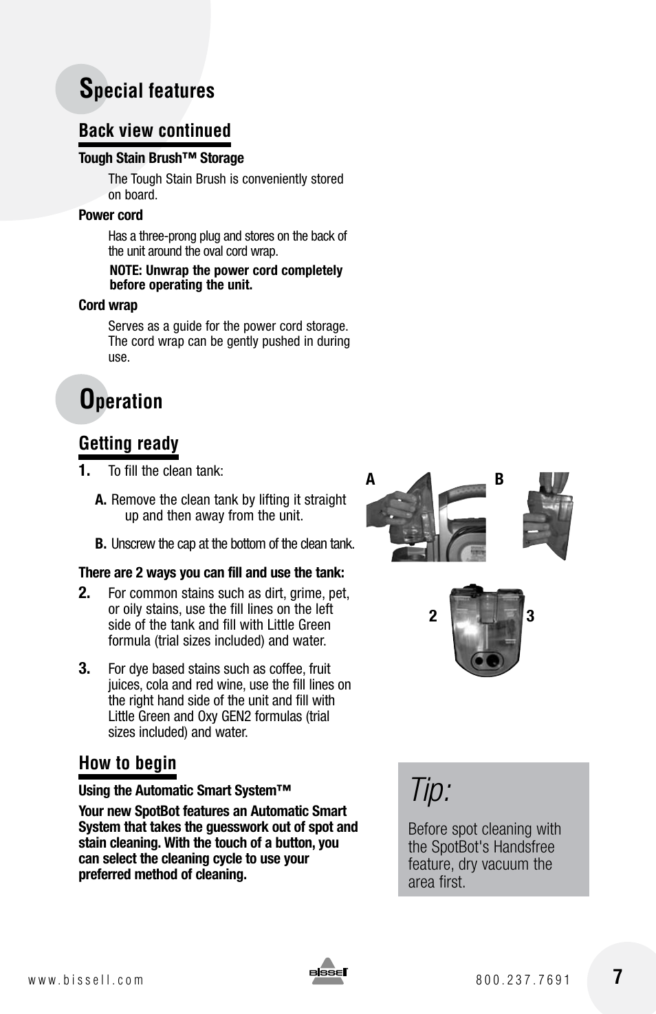 Pecial features, Peration 7 | Bissell Spot Bot 1200 series User Manual | Page 7 / 16