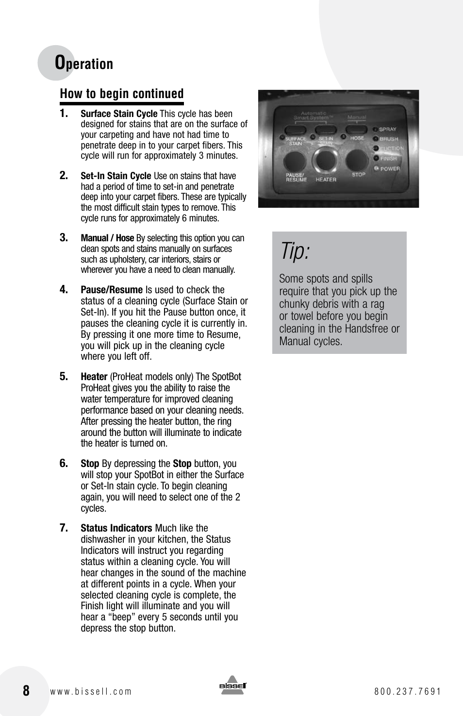 Peration, How to begin continued | Bissell Spot Bot 1200 series User Manual | Page 8 / 16