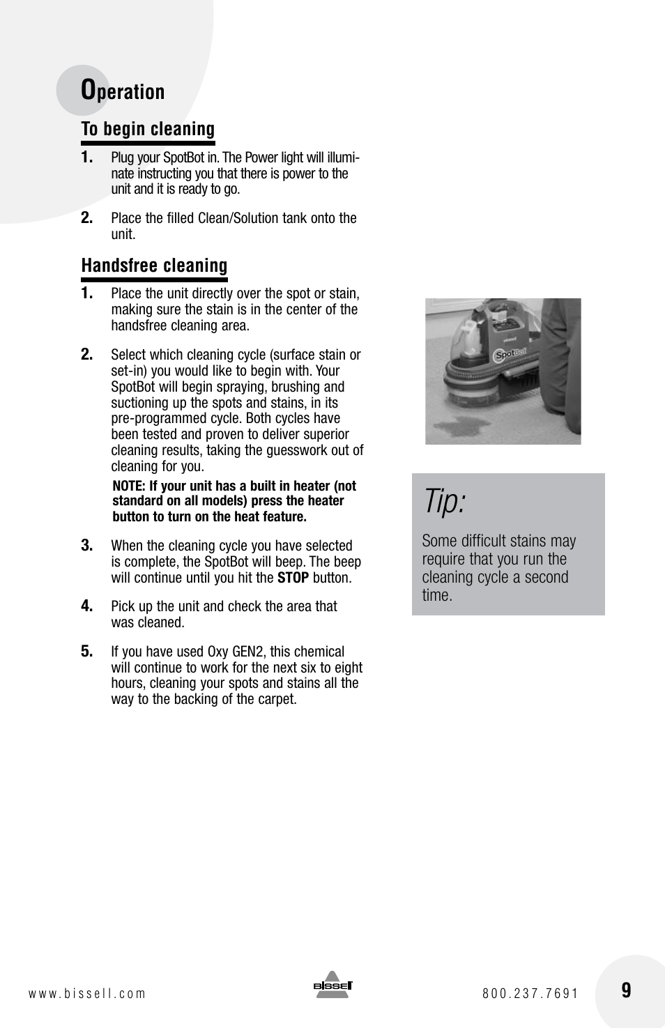 Peration 9, Handsfree cleaning | Bissell Spot Bot 1200 series User Manual | Page 9 / 16