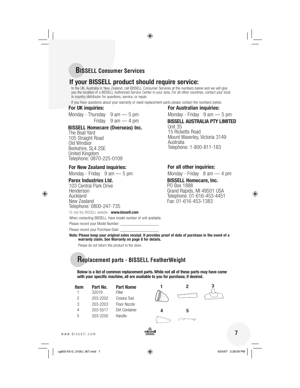 If your bissell product should require service | Bissell 3106 User Manual | Page 7 / 8