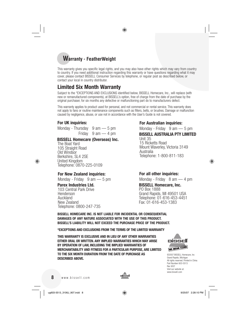Limited six month warranty | Bissell 3106 User Manual | Page 8 / 8