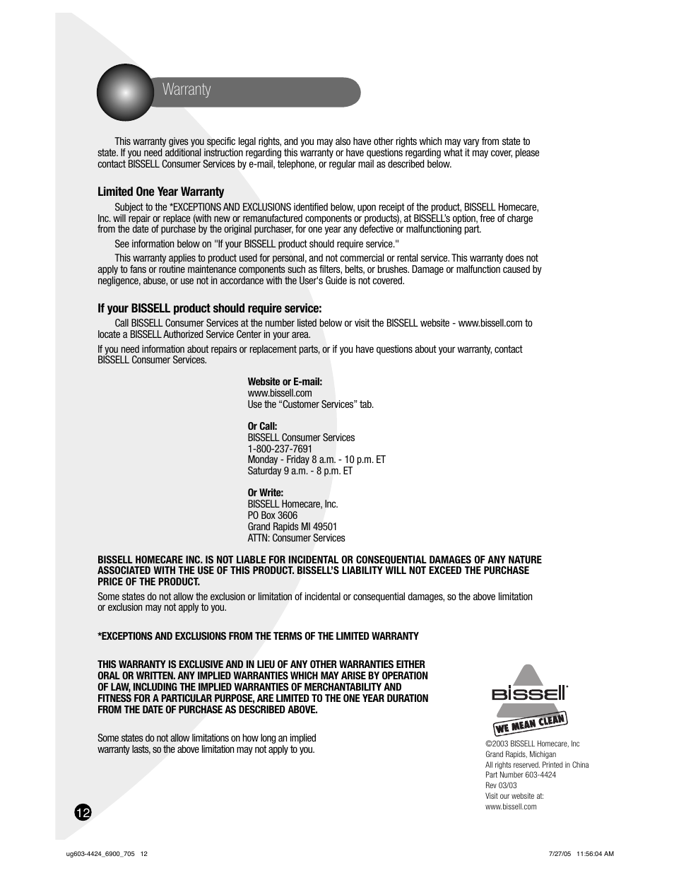 Warranty | Bissell 6900 User Manual | Page 12 / 12