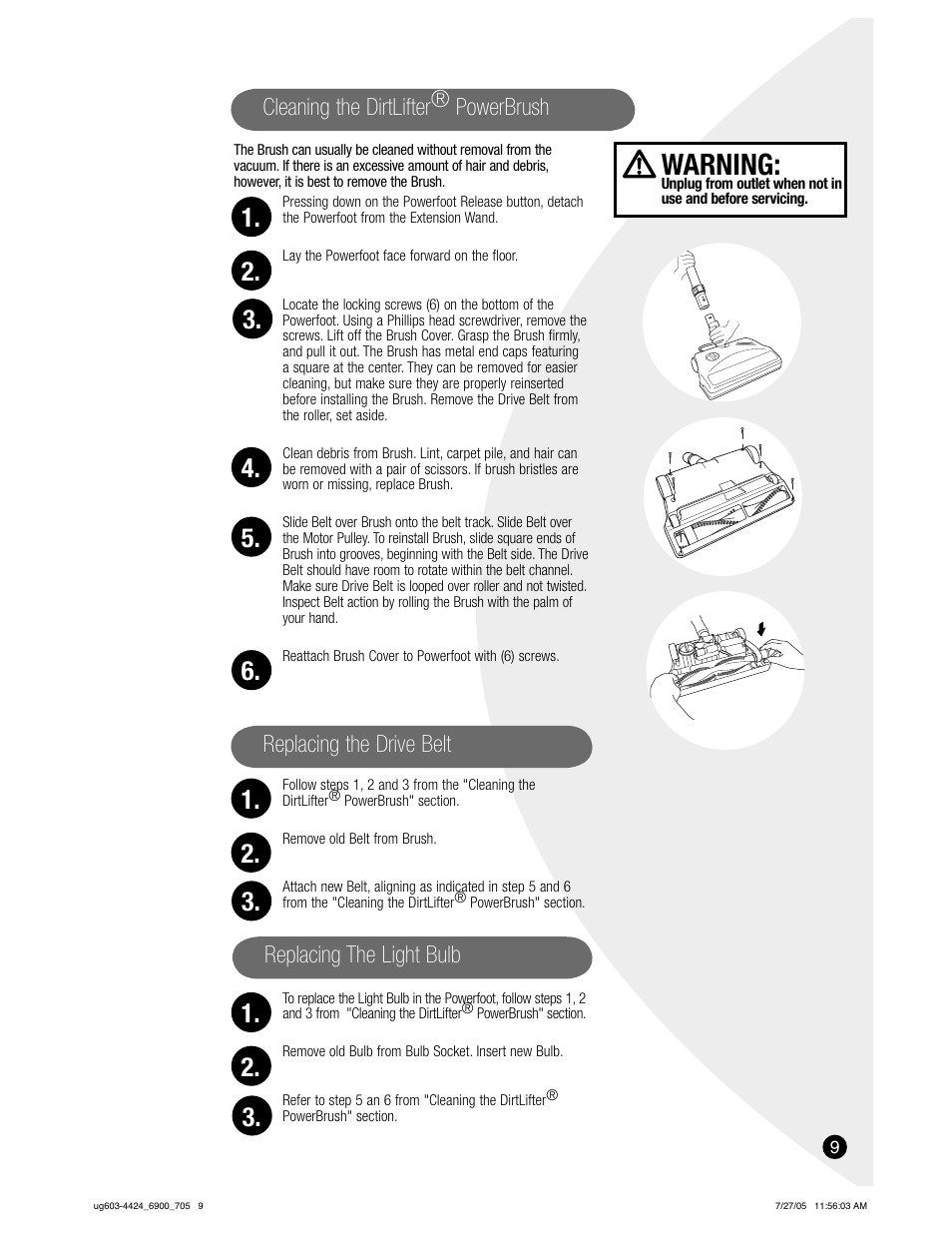 Warning | Bissell 6900 User Manual | Page 9 / 12