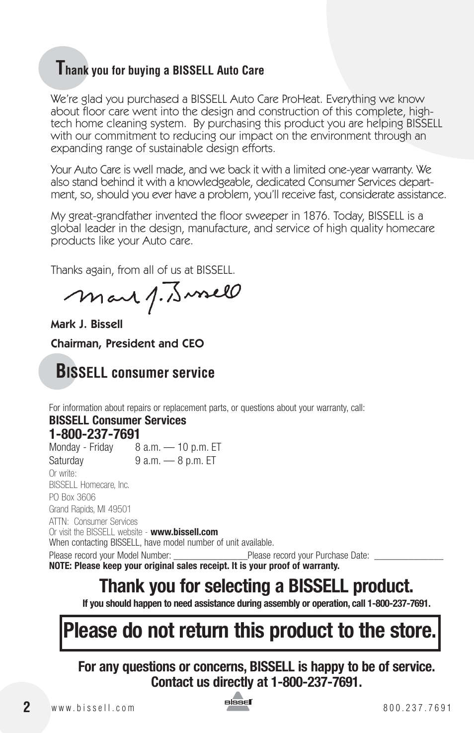 Please do not return this product to the store | Bissell PROHEAT 1425 User Manual | Page 2 / 8