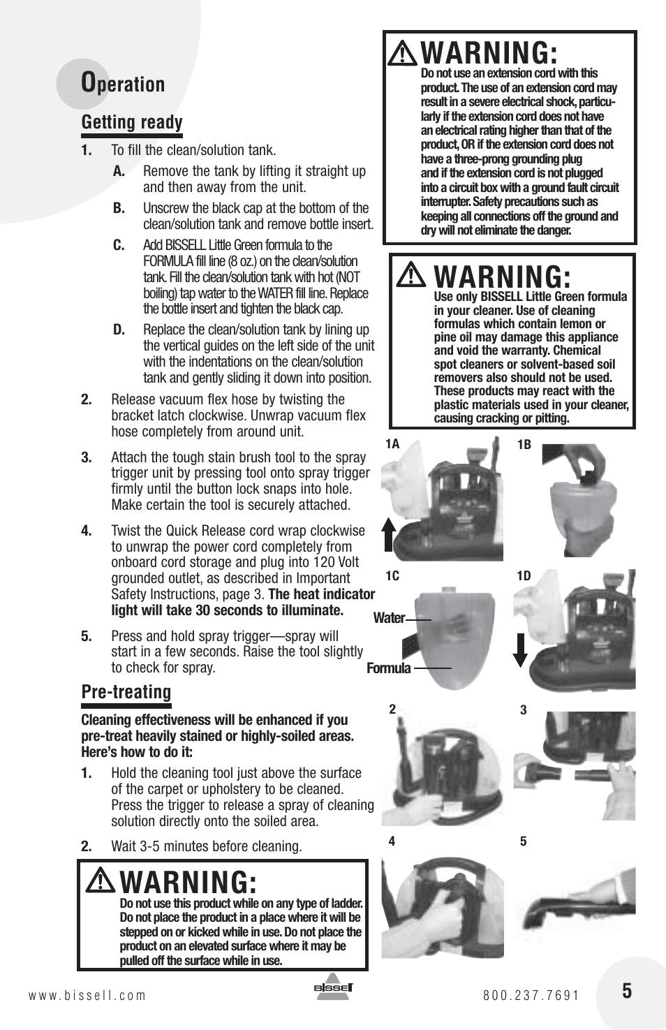 Warning, Peration, Getting ready | Pre-treating | Bissell PROHEAT 1425 User Manual | Page 5 / 8