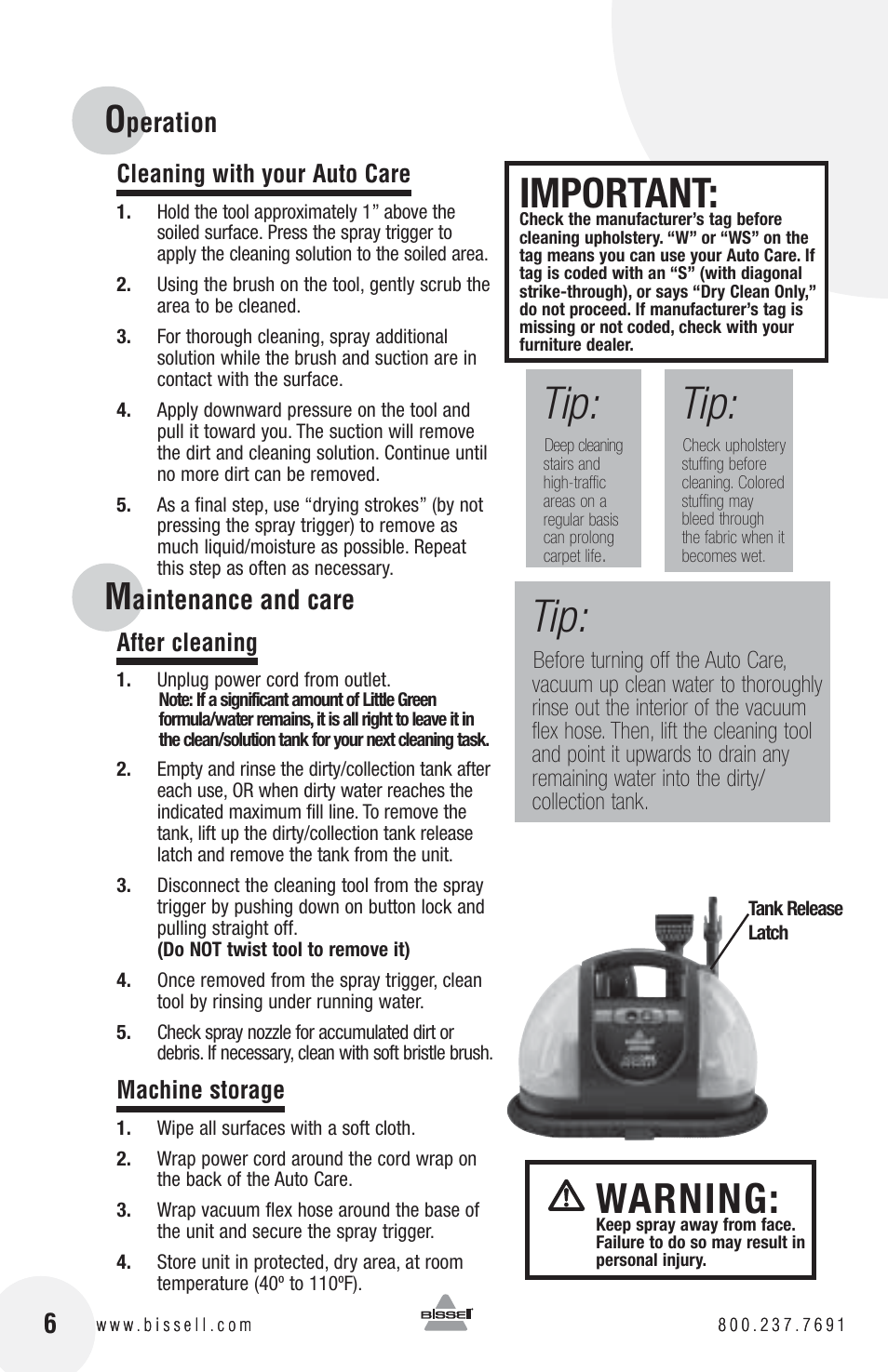 Important, Warning, Peration | Aintenance and care | Bissell PROHEAT 1425 User Manual | Page 6 / 8