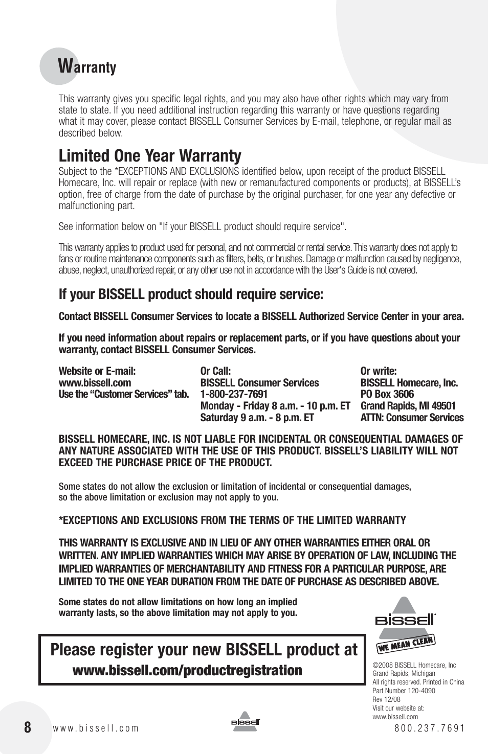 Limited one year warranty, Please register your new bissell product at, Arranty | If your bissell product should require service | Bissell PROHEAT 1425 User Manual | Page 8 / 8